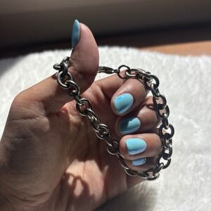 Silver Tone Chunky Rolo Link Chain Bracelet Lobster Clasp Heavy Minimalist